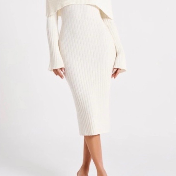 Meshki Off-Shoulder Knit Ribbed Midi-Dress Off-White, Size M, Nwt